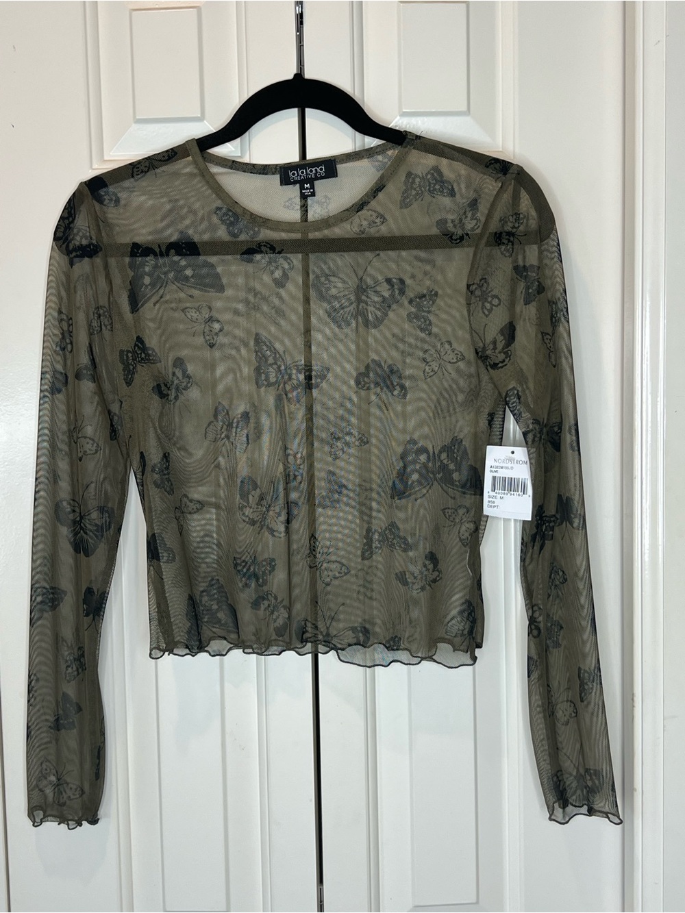 La La Land Creative Co Butterflies Cropped Mesh Top with Lettuce Hems size M